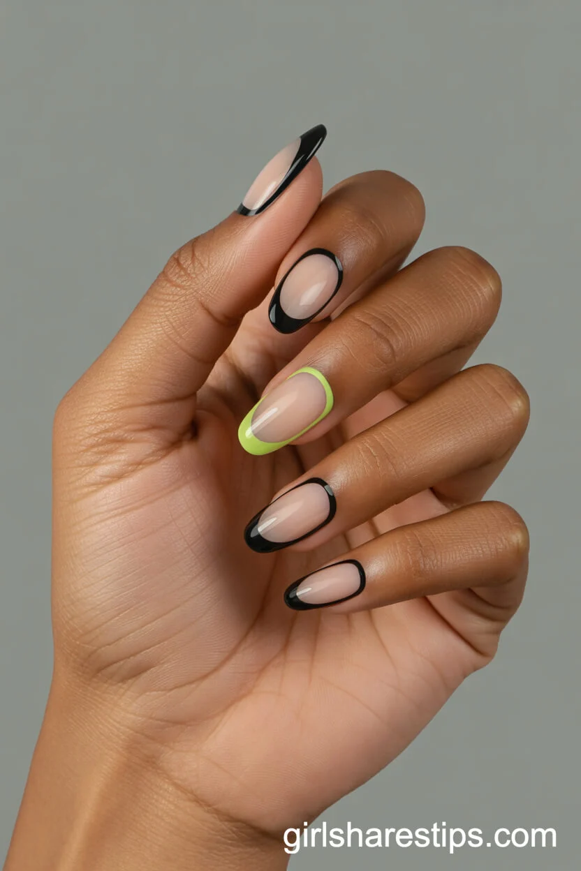 Asymmetrical Black French Tips Outlined in Neon Green