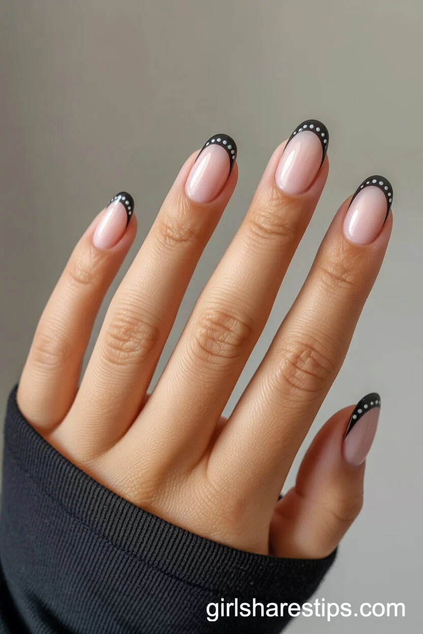 Matte Black French Tips with Glossy Dot Accents