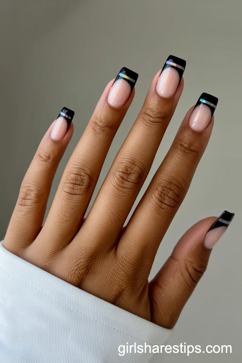 Black French Tips with Holographic Stripe Accent
