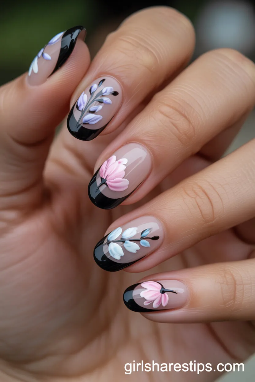 Black French Tips with Hand-Painted Pastel Floral Overlays