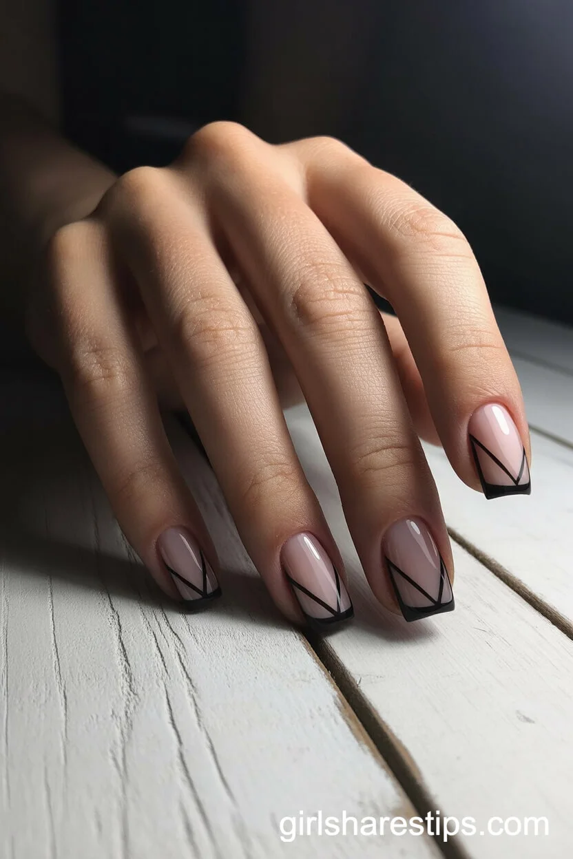 Square Nails with &ldquo;V&rdquo; Shaped Black French Tips