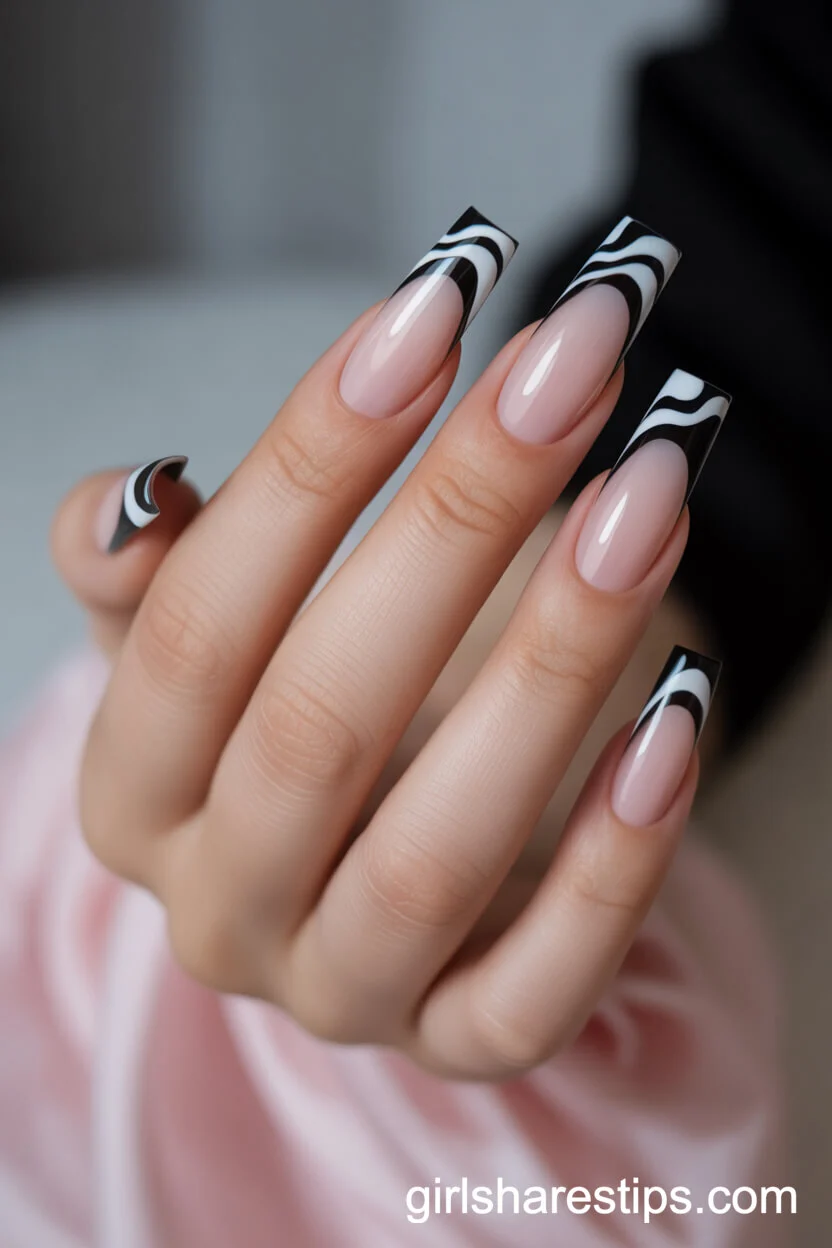 Abstract Wavy Black French Tips on Ballerina Nails