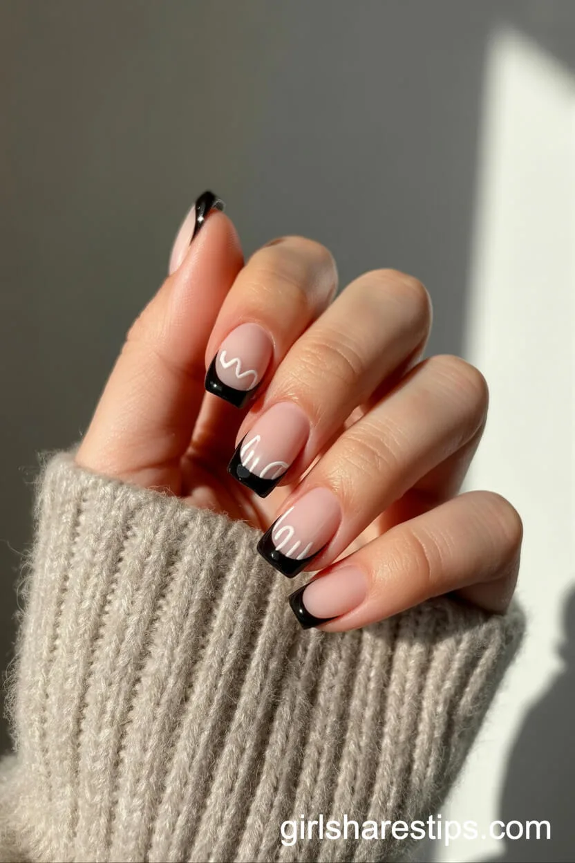 Minimalist Black French Tips with White Line Art