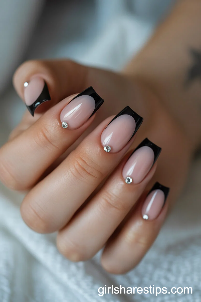 Black French Tips with Rhinestone Accents on Coffin Nails
