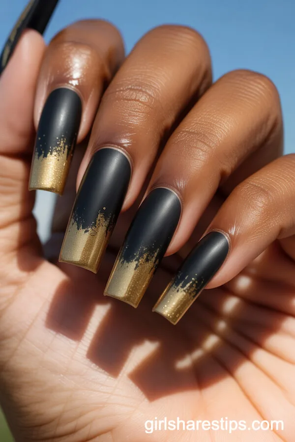 Square Nails with Matte Black Base and Shiny Gold Metallic Tips