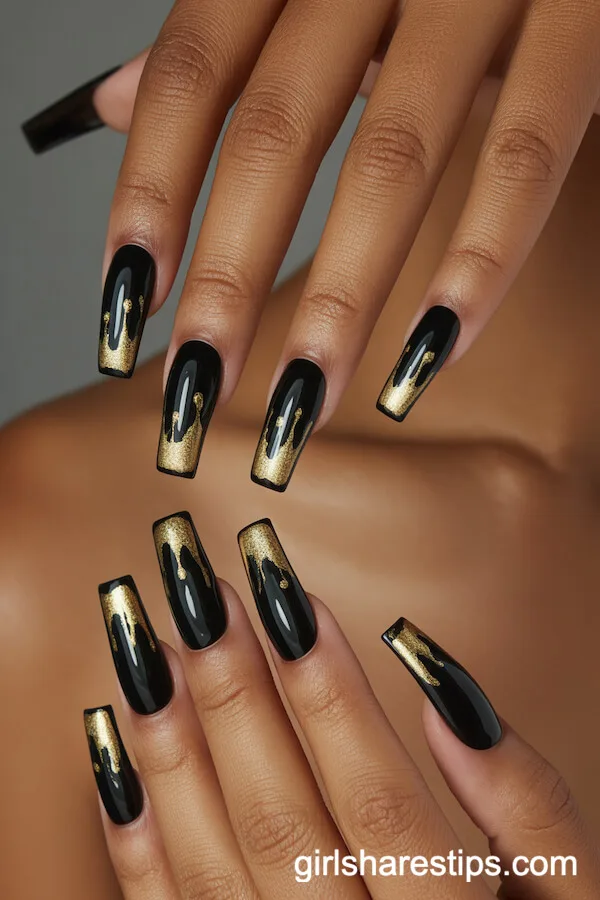 Coffin Nails with Black Base and Gold Dripping Tips