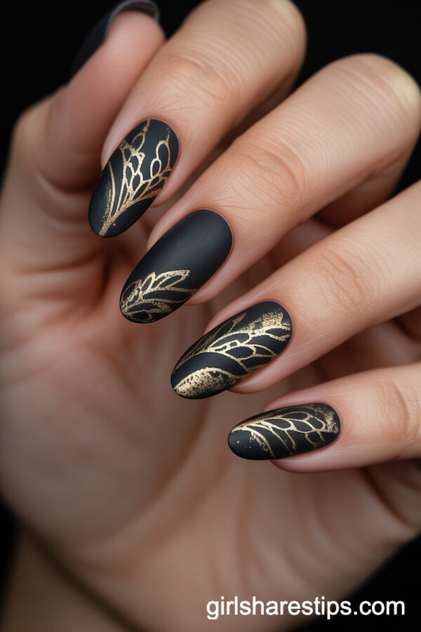 Long Oval Nails with Matte Black and Intricate Gold Lace Designs