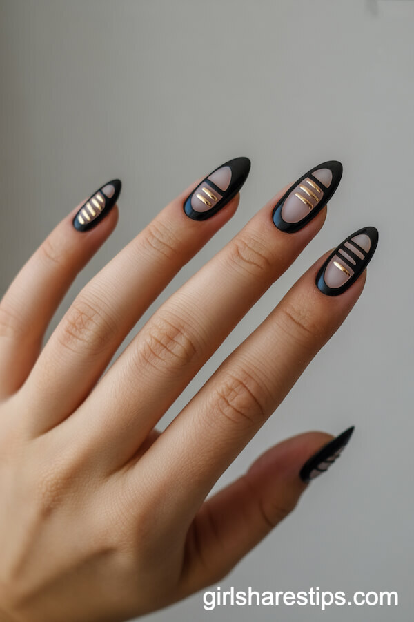 Black Almond Nails with Negative Space Gold Linear Cutouts