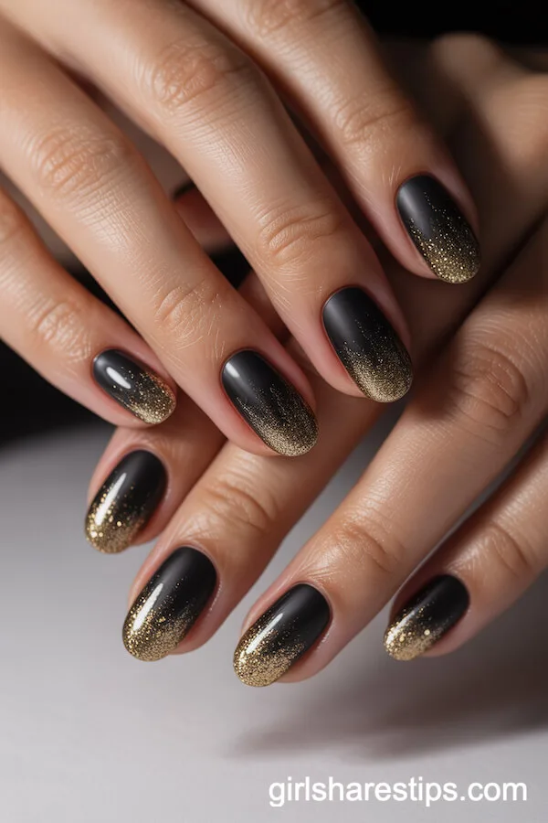 Matte Black to Gold Glitter Gradient Oval Nails