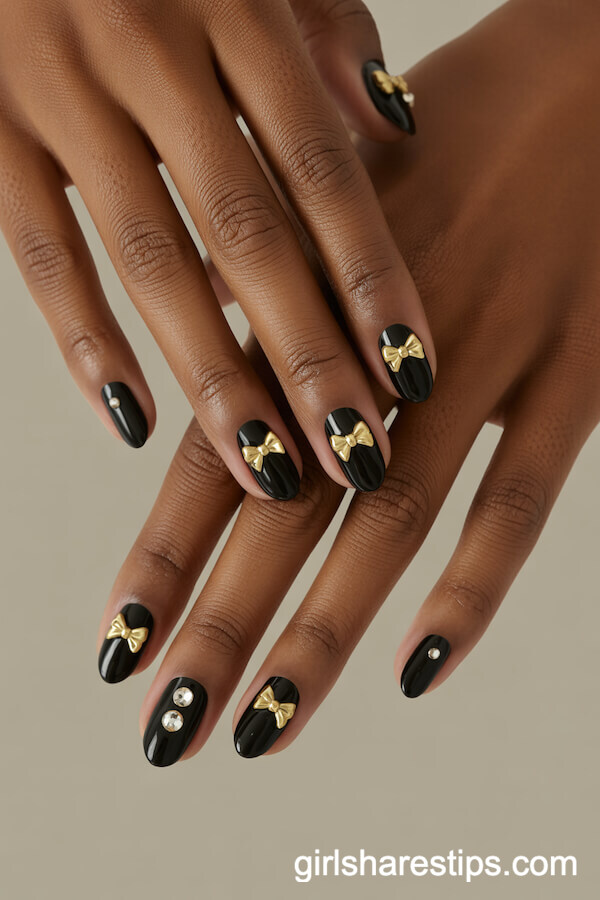 Glossy Black Oval Nails with Gold Bows and Rhinestone Gems