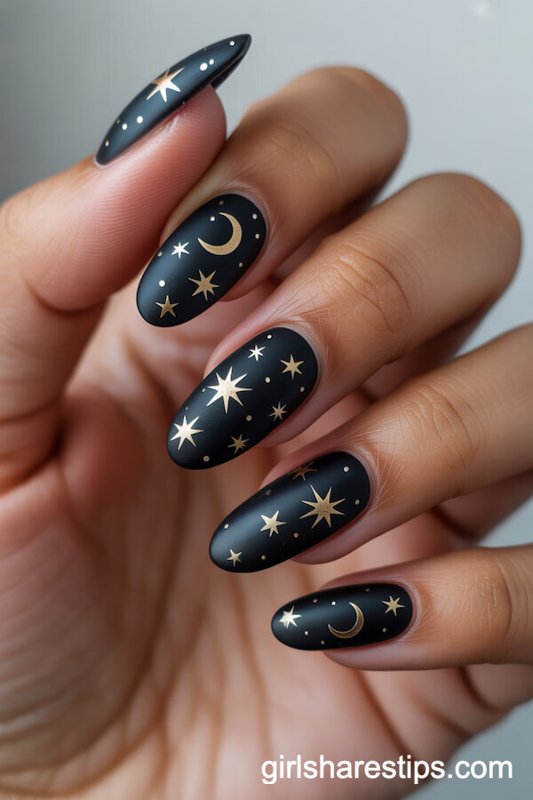 Long Oval Nails with Matte Black and Gold Star & Moon Designs