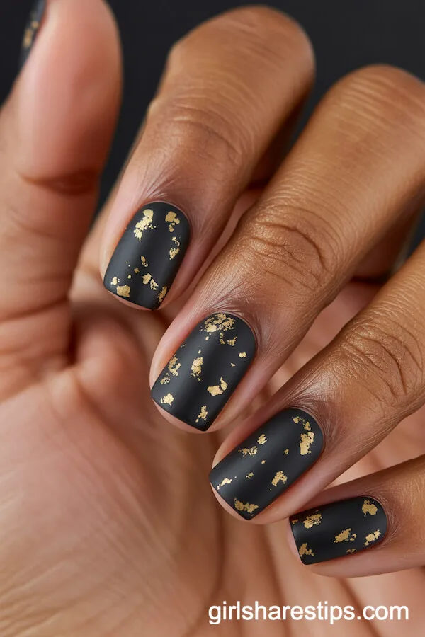 Matte Black Gel Nails with Gold Confetti Speckles