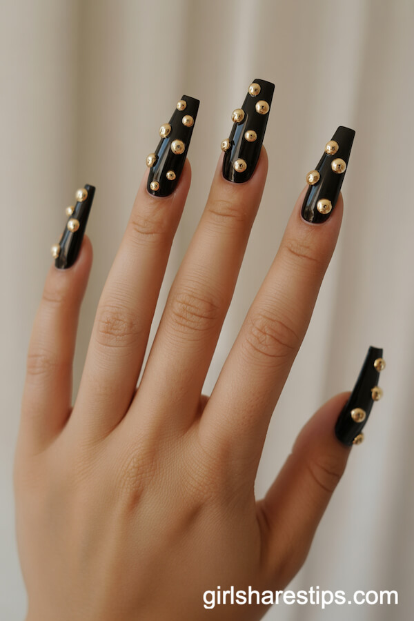 Black Velvet Coffin Nails Decorated with 3D Gold Charms