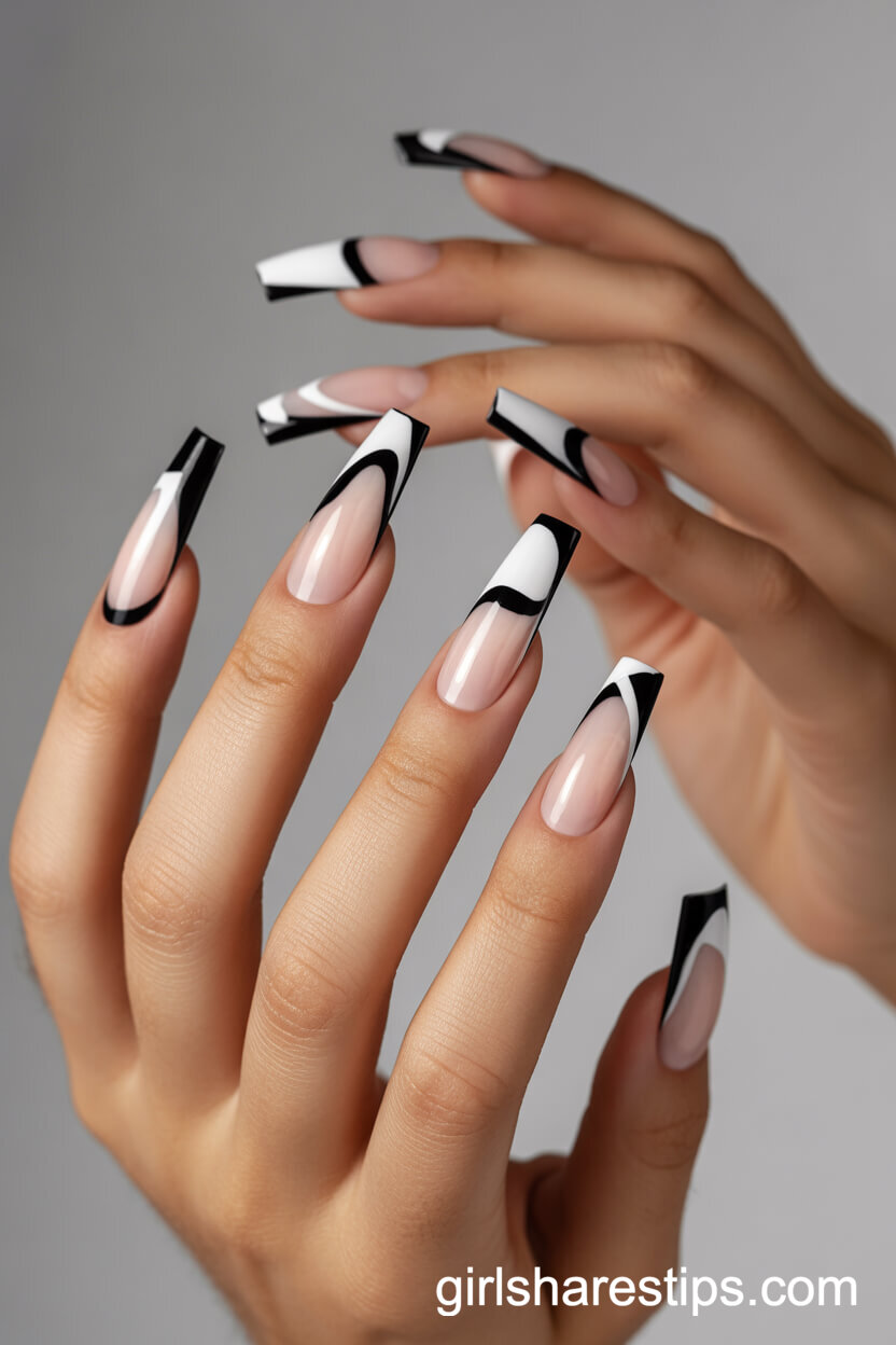 Geometric Black and White Line Art Coffin Nails