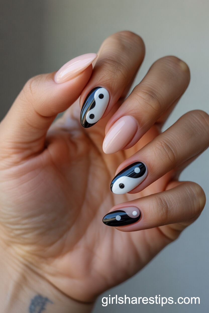 Yin and Yang Symbol Almond Nails