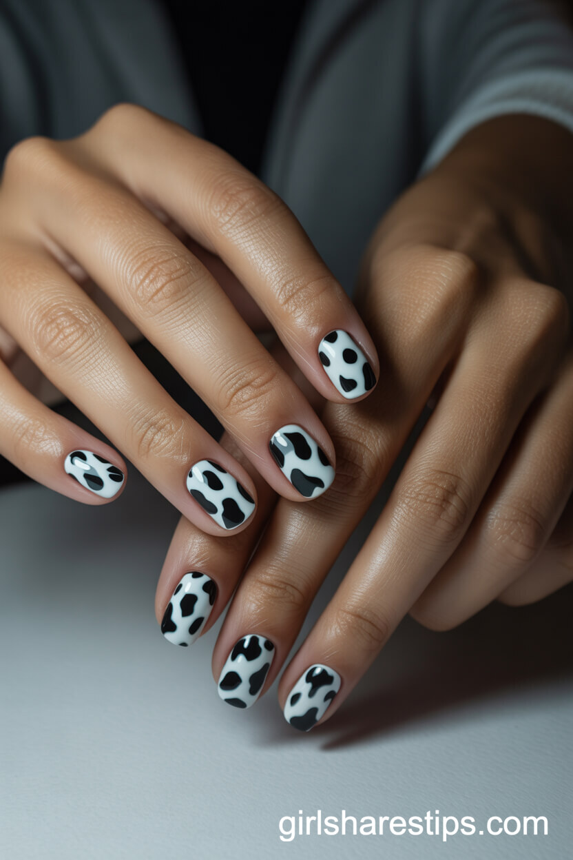Chic Cow Print Nails on Natural Shapes