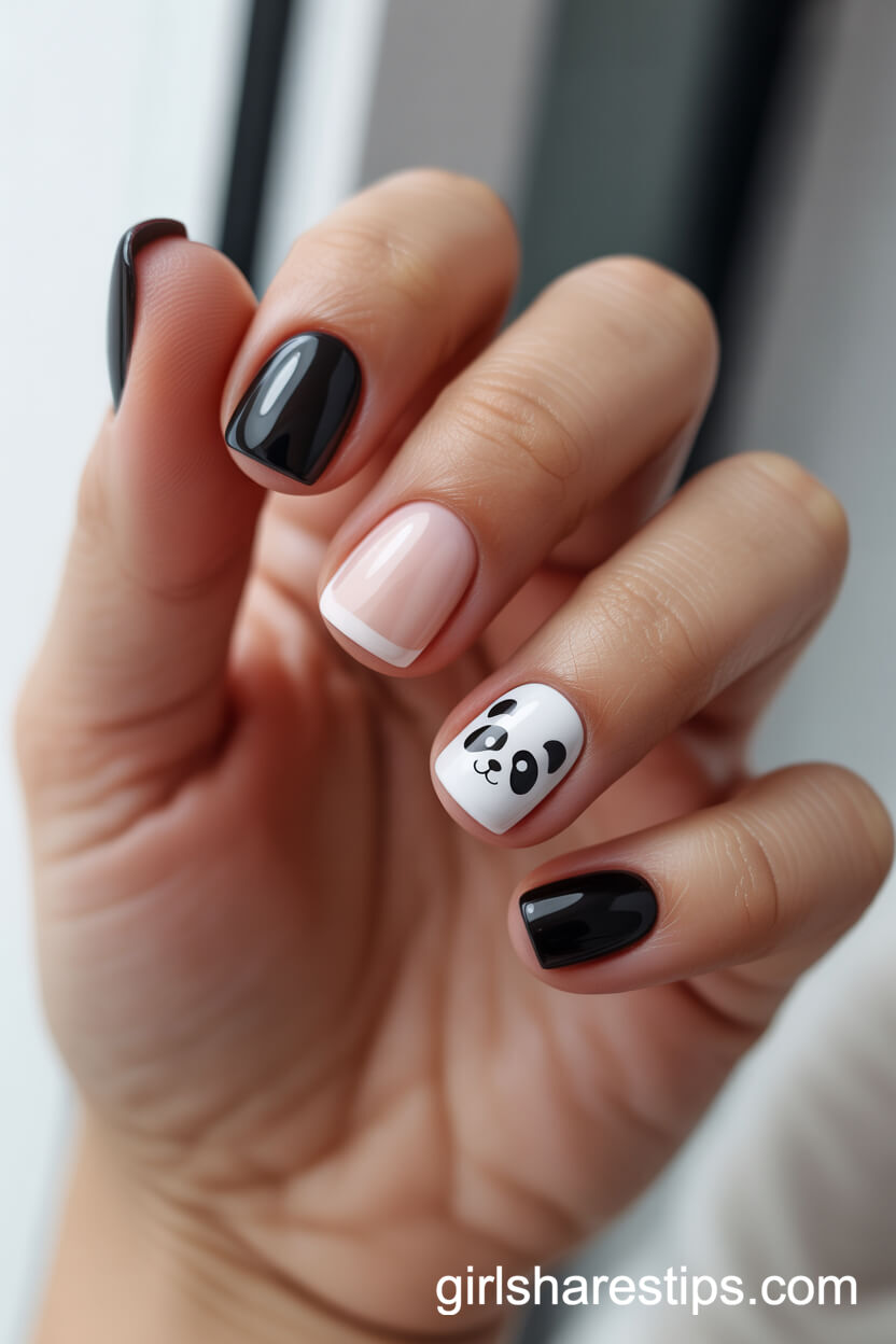 Cute Panda Face Accent on Square Short Nails