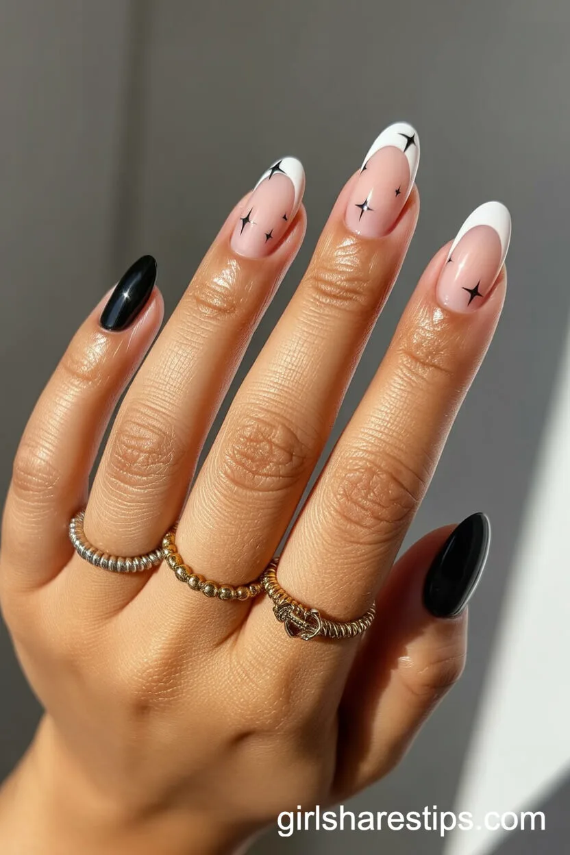 Monochrome Star Accents on Short Oval Nails
