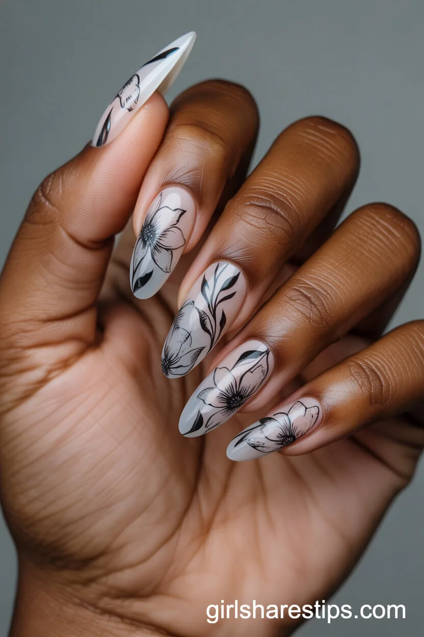 Intricate Floral Black and White Long Oval Nails