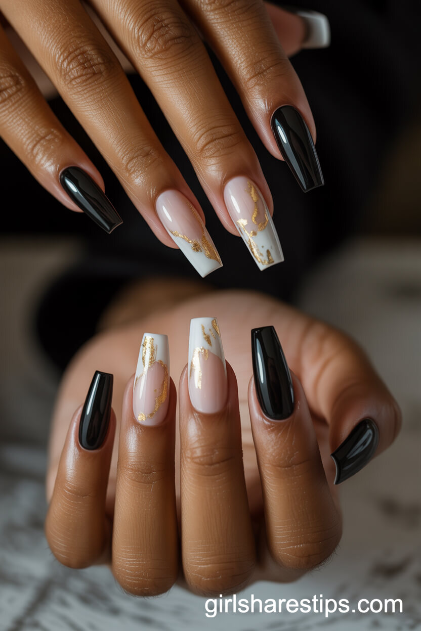 Elegant Black and White Coffin Nails with Gold Foil