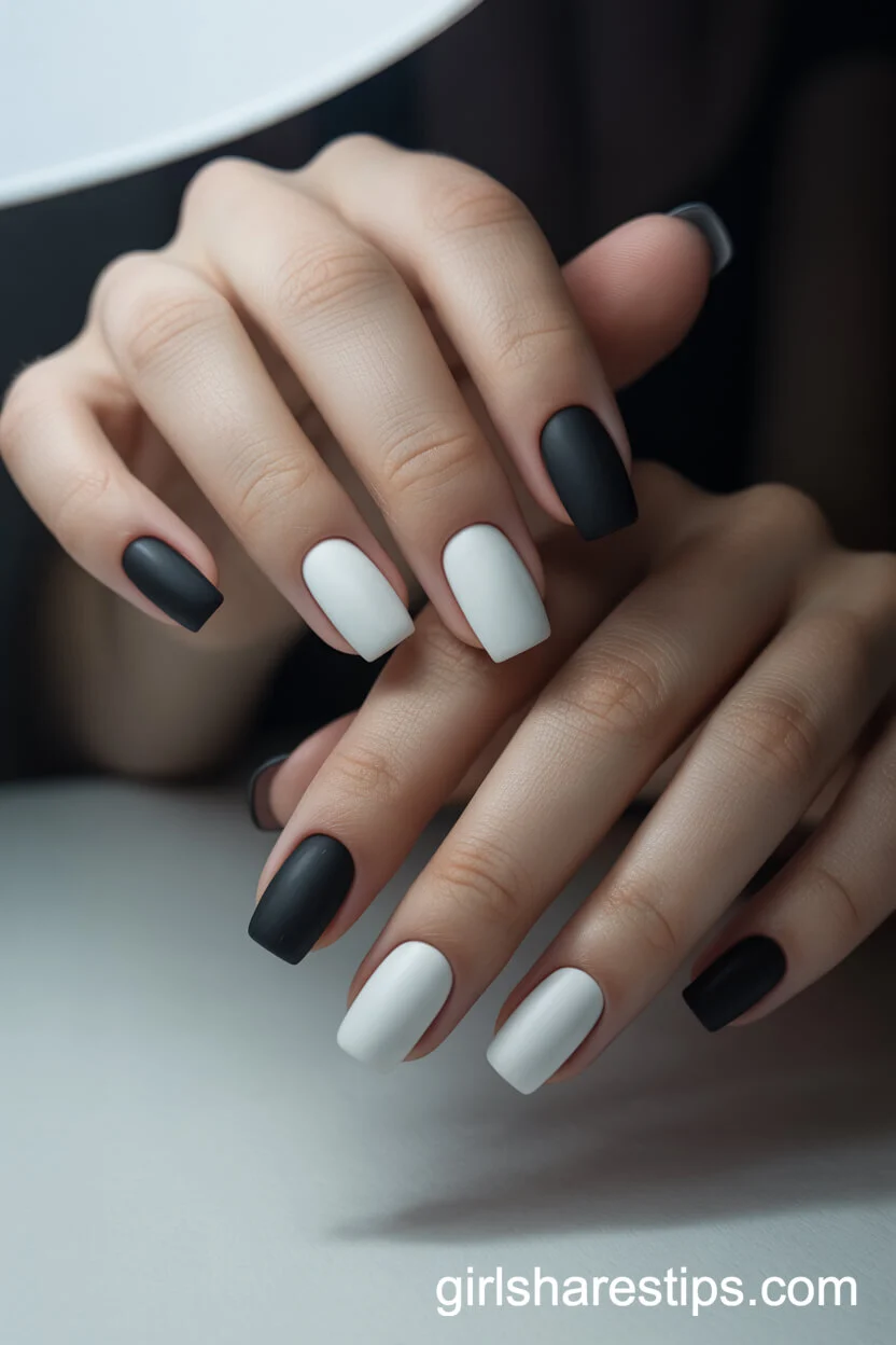 Matte Black and White Alternating Square Nails