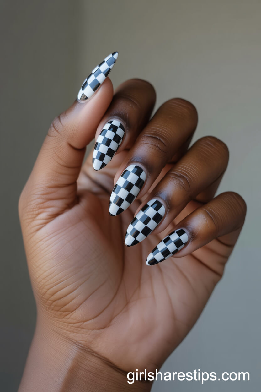 Indie Style Checkerboard Stiletto Nails