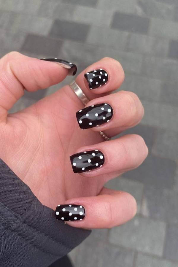 Black Nails with White Polka Dots