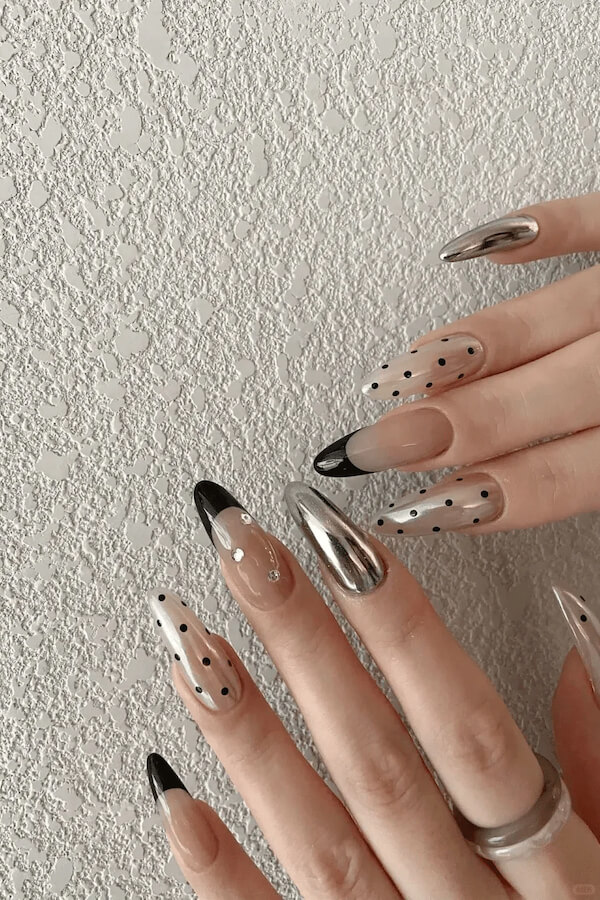 Metallic and Polka Dot French Tip Nails