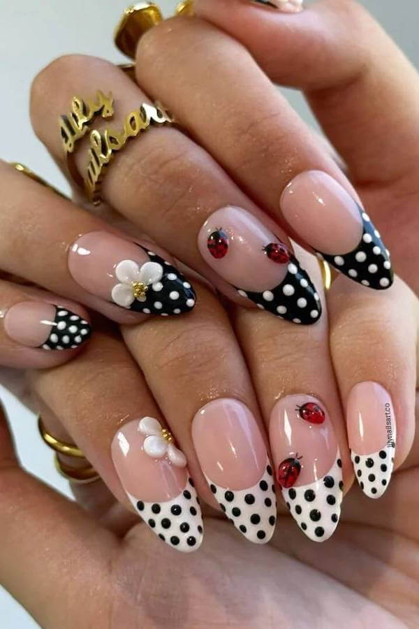 Polka Dot French Tips with Floral and Ladybug