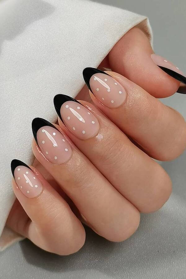 Bold Black French Tips with White Dots