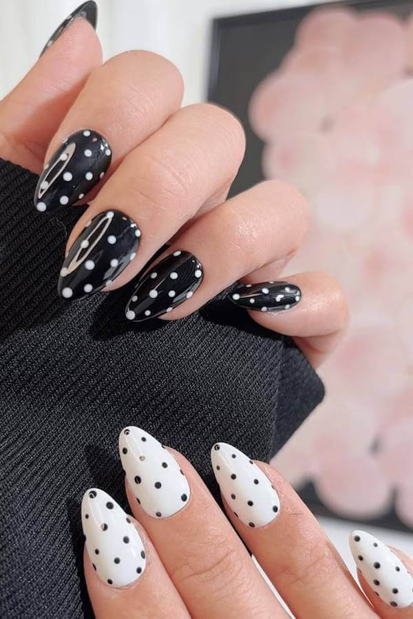 Alternating Black and White Polka Dot Nails