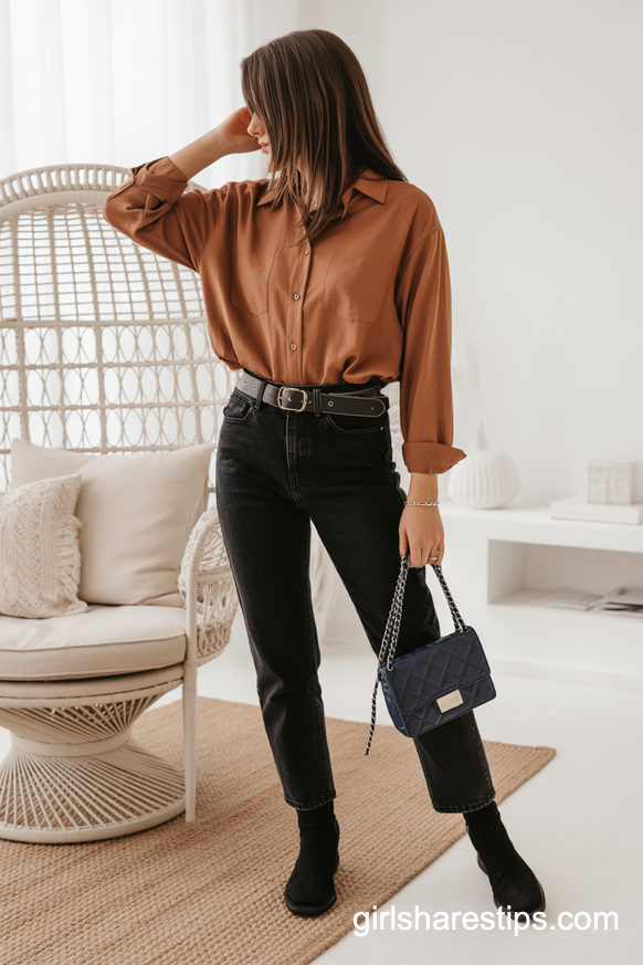 Rust Oversized Shirt With Black Jeans And Ankle Boots