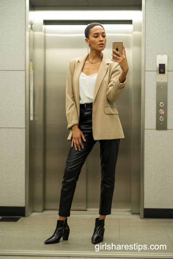 Beige Blazer And Black Ankle Pants With Heeled Boots