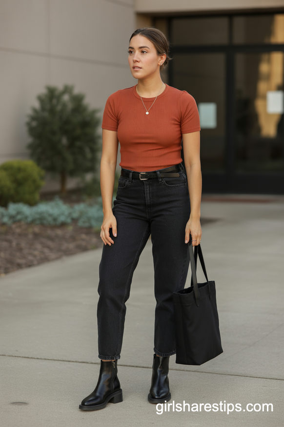 Rust Knit Top With Black Jeans And Casual Ankle Boots