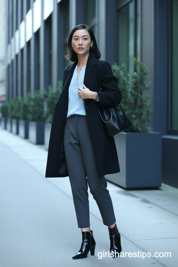 Black Wool Coat Over Blue Blouse And Slim Trousers