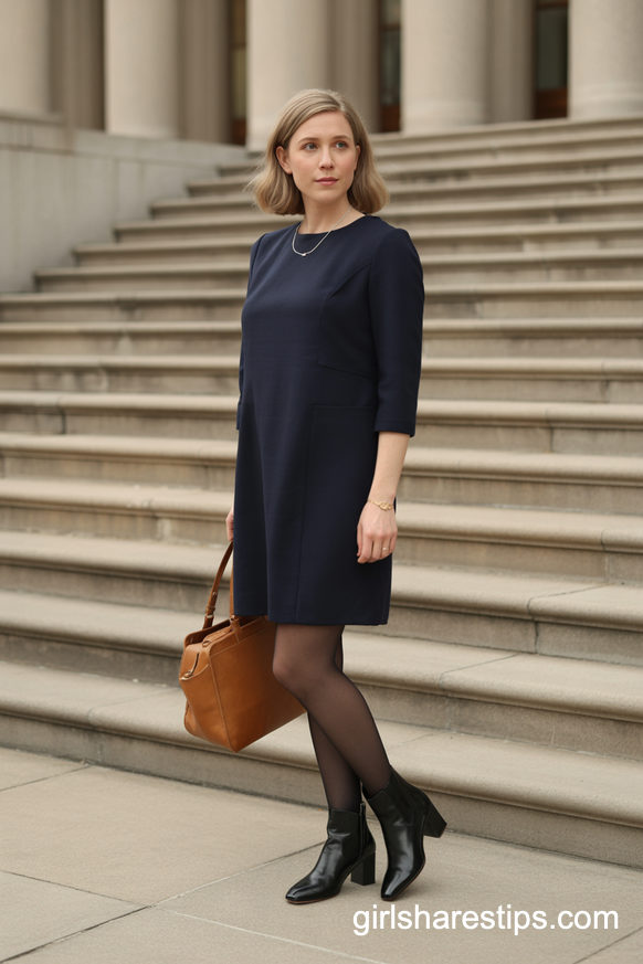 Navy Shift Dress With Tights And Block Heel Ankle Boots