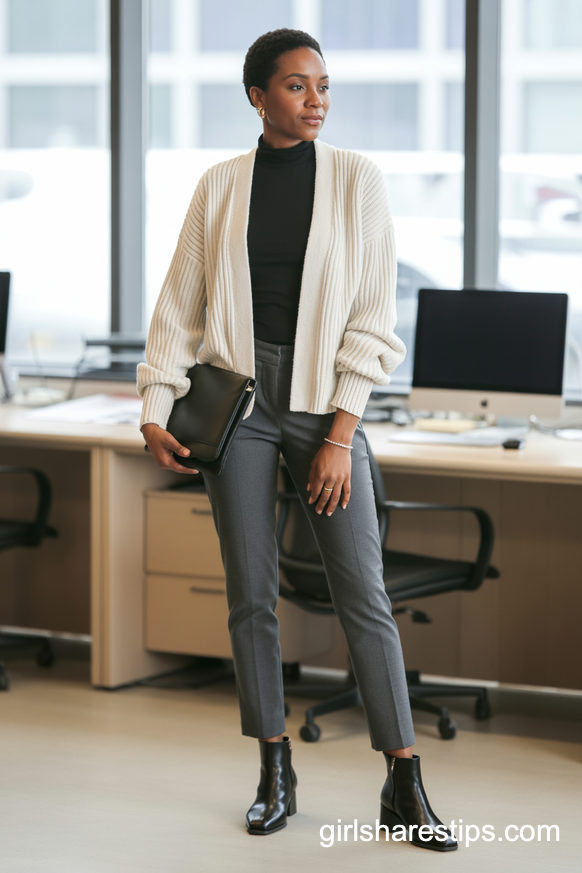 Cream Cardigan With Charcoal Ankle Pants And Boots
