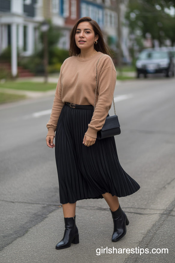 Camel Sweater With Black Pleated Midi Skirt And Boots