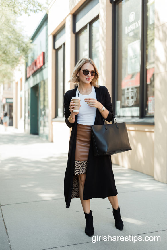 Long Black Cardigan And Leather Skirt With Ankle Boots