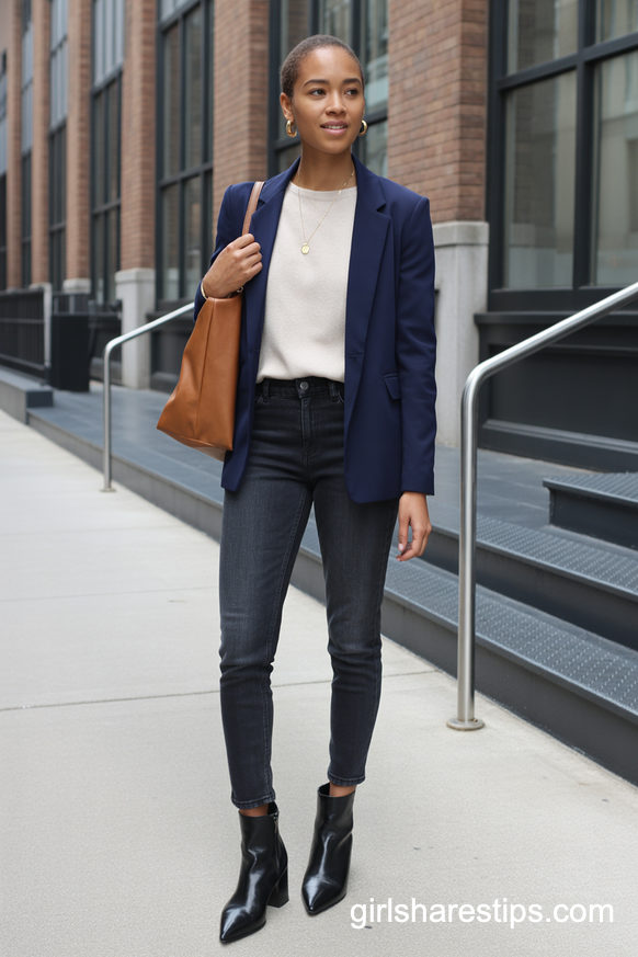 Navy Blazer And Dark Skinny Jeans With Block Heel Boots