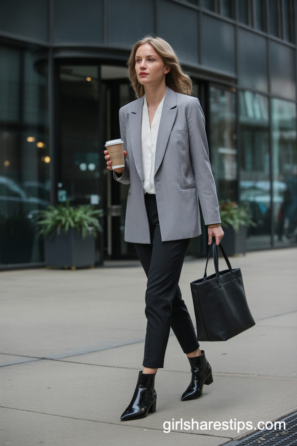 Light Gray Blazer With Black Ankle Trousers And Boots