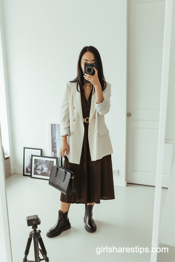 White Blazer And Midi Dress With Chelsea Boots