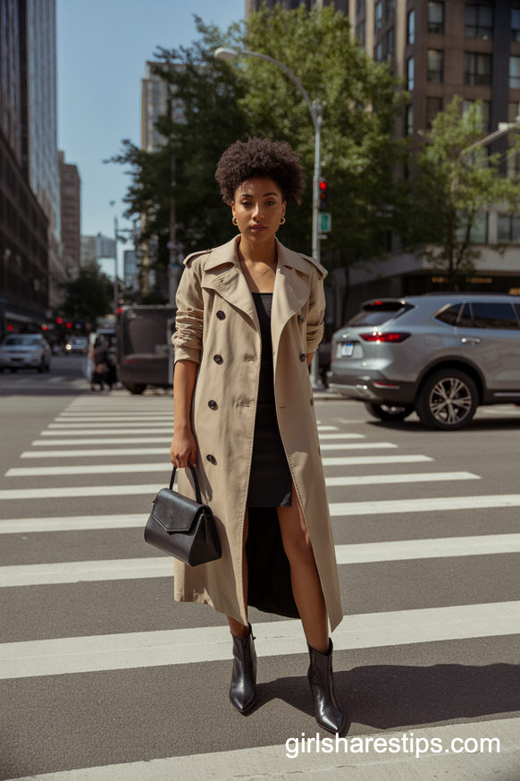 Classic Trench Coat Over Black Dress With Ankle Boots
