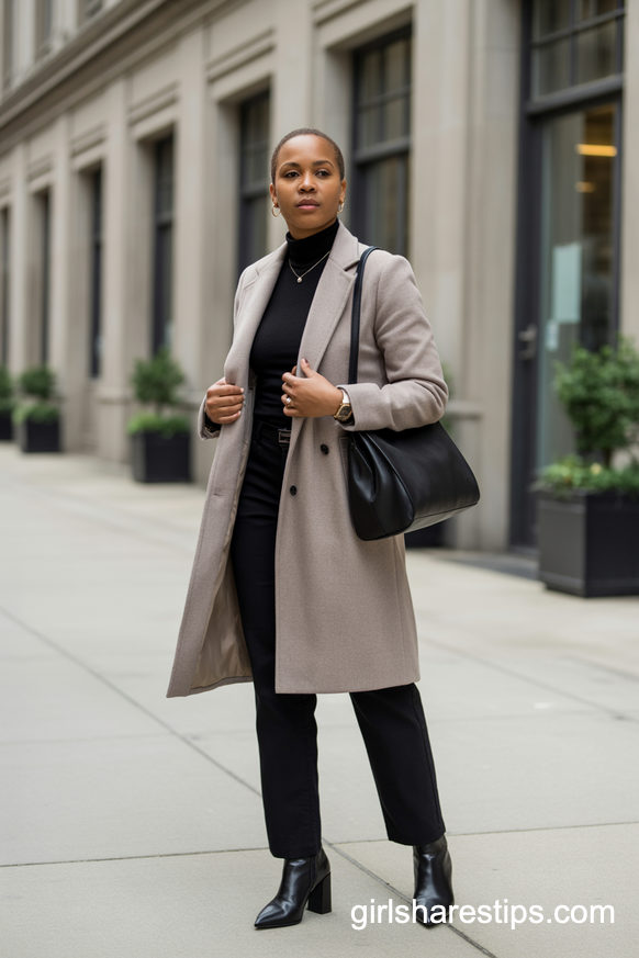 Light Wool Coat With Monochrome Black Office Basics