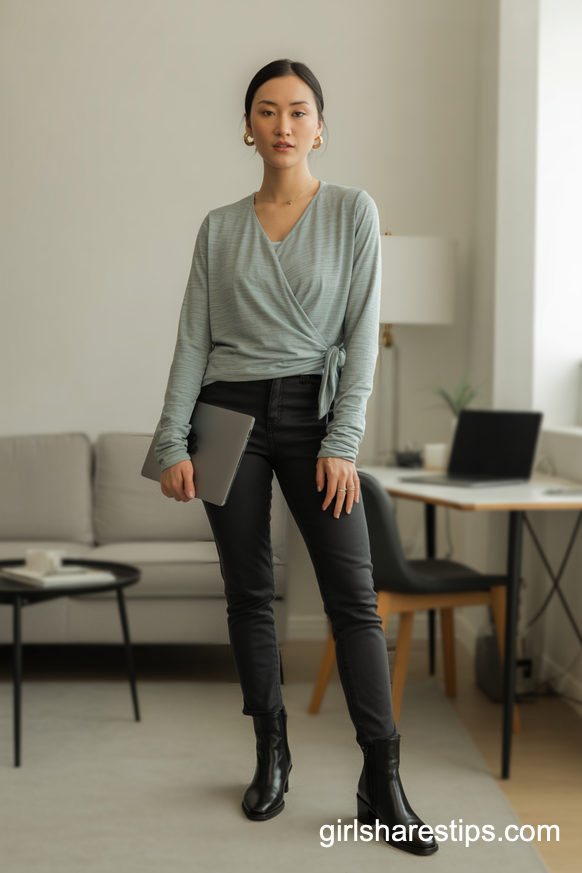 Gray Wrap Top With Ponte Pants And Low Ankle Boots