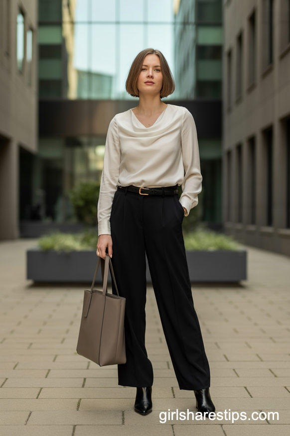 Ivory Drape Blouse With Wide-Leg Trousers And Boots