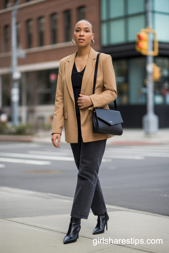 Camel Blazer And Dark Jeans With Pointed Ankle Boots