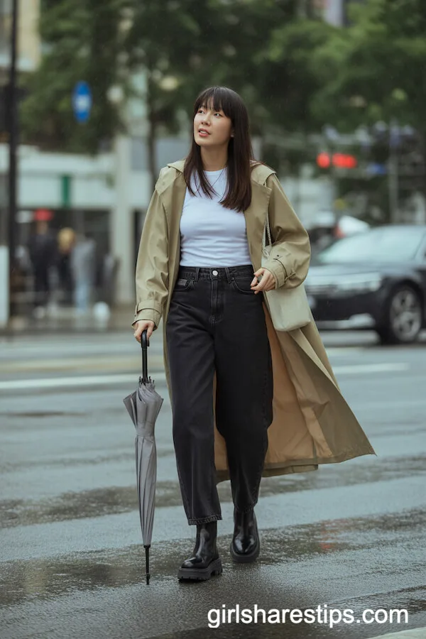 Trench Coat, White Tee, and Chunky Black Boots on a Rainy Day