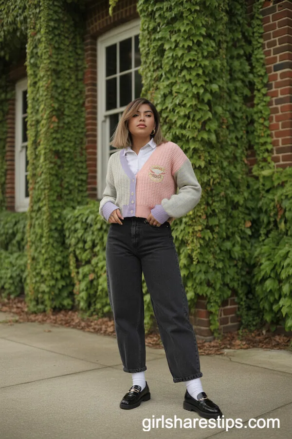 Layering a preppy cardigan over a collared shirt is a timeless and polished look. Start with a crisp collared shirt in a classic color like white or light blue. Layer a slim-fit cardigan in a complementary shade, such as navy, gray, or pastel, over the shirt. Leave the collar visible for a refined touch, and consider rolling up the cardigan sleeves slightly to show the shirt cuffs. Complete the outfit with tailored chinos or a skirt for a sophisticated, preppy aesthetic.