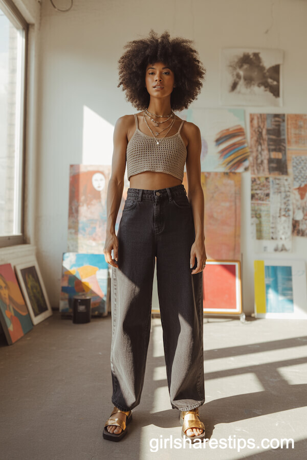 Crochet Crop Top with High-Waisted Baggy Jeans and Sandals